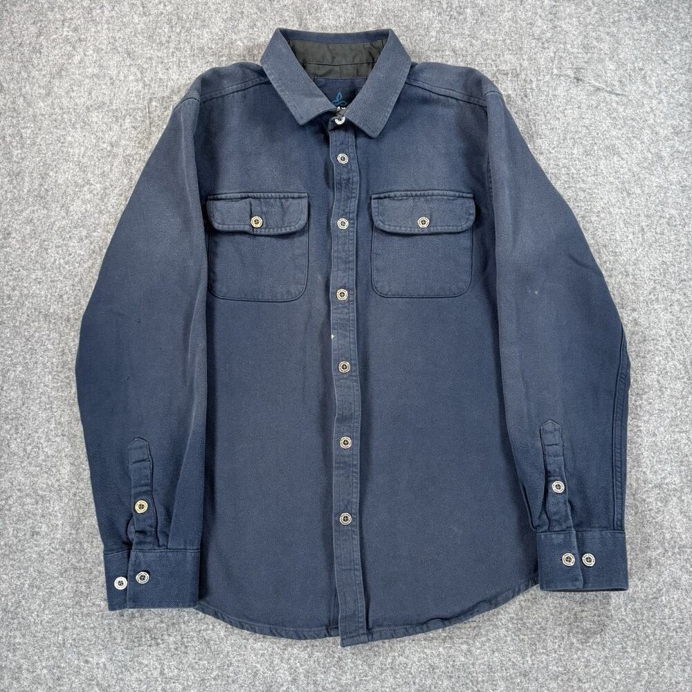 Prana Men's Long Sleeve Button-Up Shirt Mens Medium Navy Blue Double Pocket